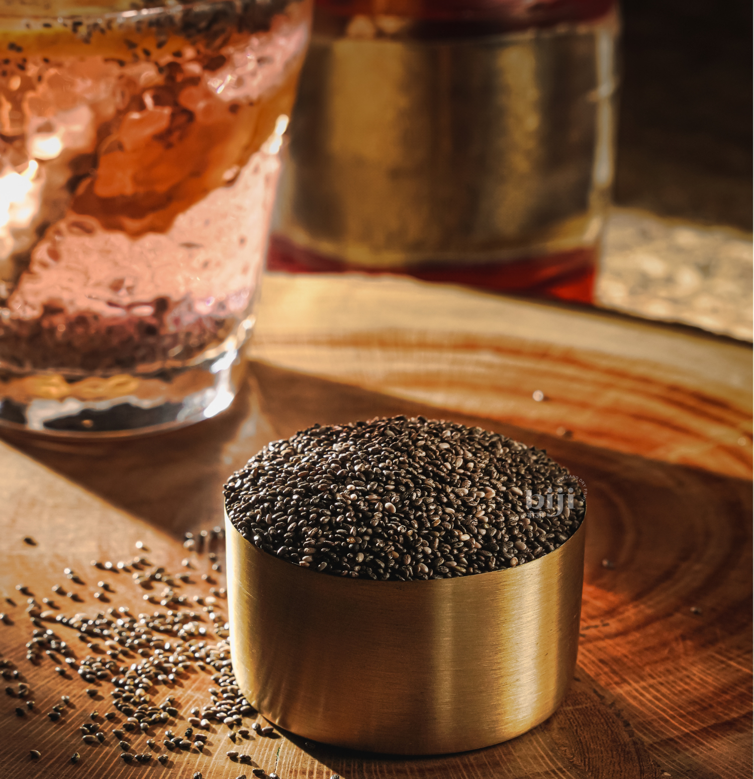 Chia seeds in a metallic gold cup